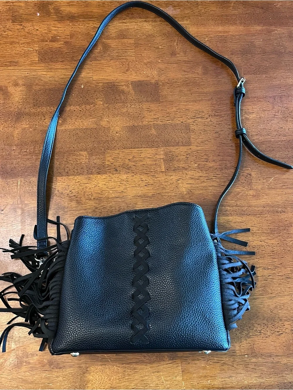 Black Fringe Crossbody Bag with Braided Accent - Unbranded